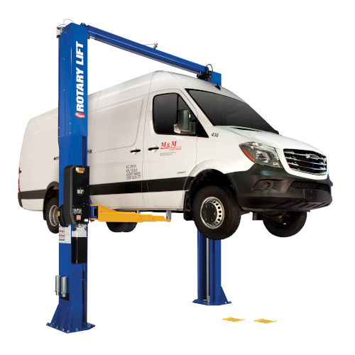 A blue Rotary SPO16 lift holding a white service van