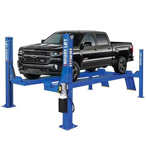 A blue Rotary SM014 lift holding a black truck